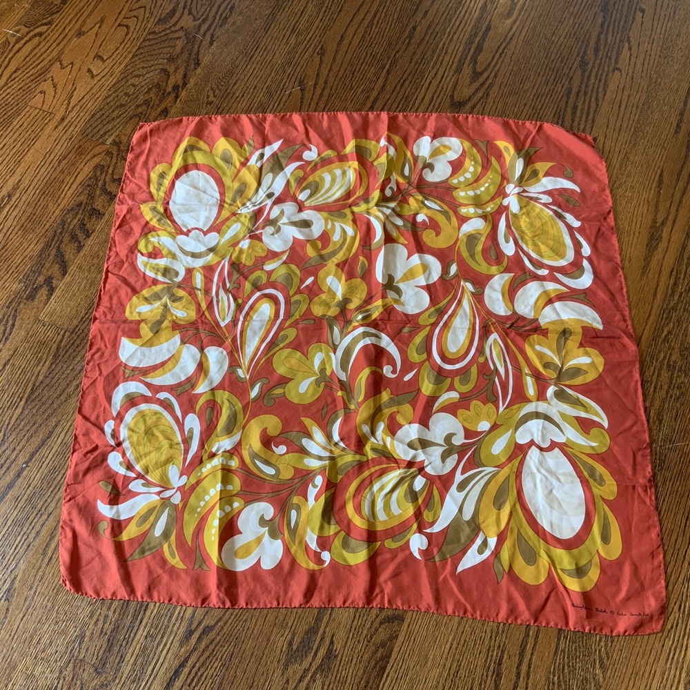 VTG Silk Hand Rolled Scarf Pennsylvania Dutch Mod Graphic Mid Century Boho EUC